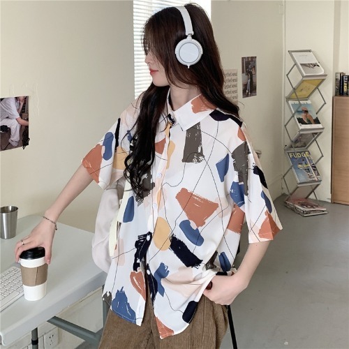Real photo 2021 new summer shirt women's short sleeve line printing loose lady
