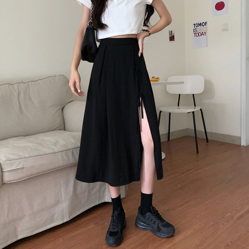 Real price sweet and cool long legged hot girl ~ high waist slit elegant skirt A-line mid long skirt