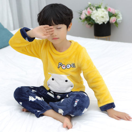 Huafei cat autumn and winter children's flannel pajamas suit boys and girls' thickened coral velvet cartoon embroidered home clothes