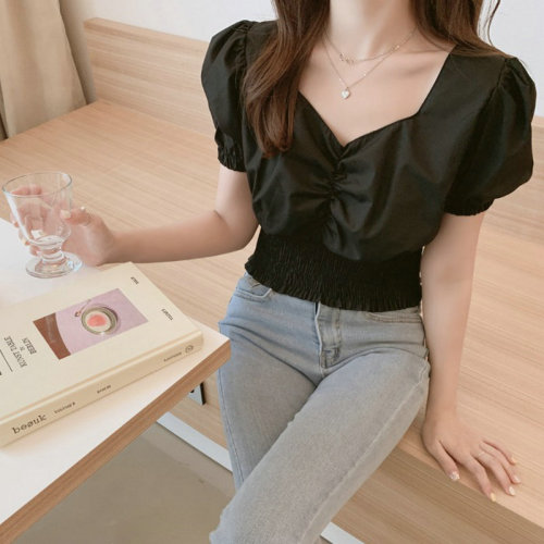 Pleated elastic waist short shirt women's Korean French small solid waist top bubble sleeve V-neck 2020