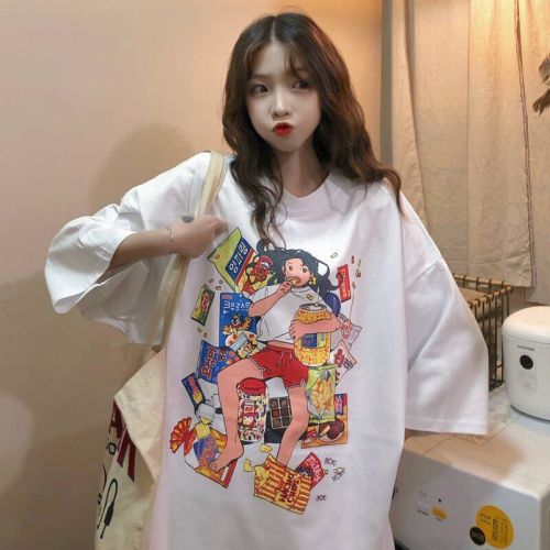 Ins short sleeve summer new Korean girl student loose simple cartoon print Harajuku T-shirt girl