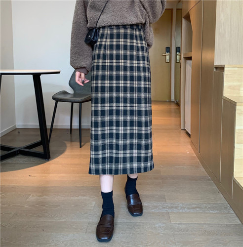 Real price woolen skirt women's autumn and winter mid length retro plaid skirt with split hips skirt