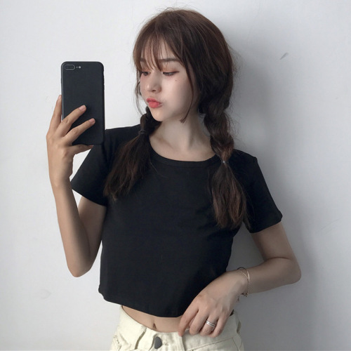 Summer women's Korean solid color basic short open navel elastic fit short sleeve thin T-Shirt Top Student