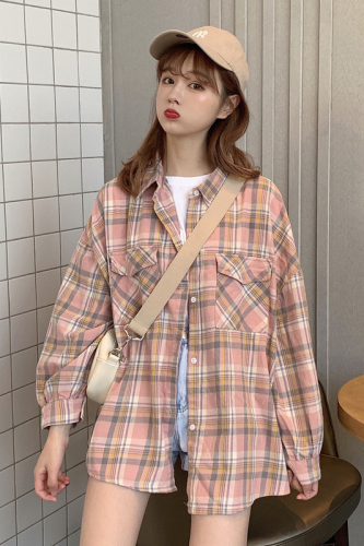 Plaid sunscreen style New Retro Hong Kong Style loose BF wind net red plaid long sleeve shirt top fashion