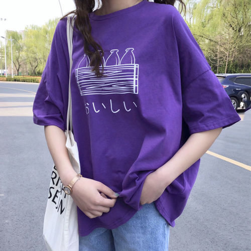 New summer dress, Korean version, clothes printed in purple, Harajuku style, short sleeve T-shirt, female students' loose and versatile style