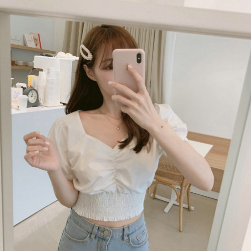 Pleated elastic waist short shirt women's Korean French small solid waist top bubble sleeve V-neck 2020