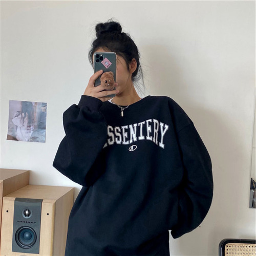 Spring and autumn winter sweater women's 2021 new loose medium length letter printed hoodless coat round neck