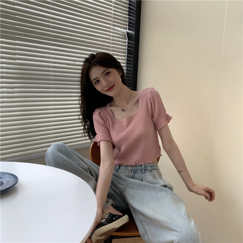 Real photo real price wood ear with thin square collar Short Knitwear Ruffle short sleeve blouse for women