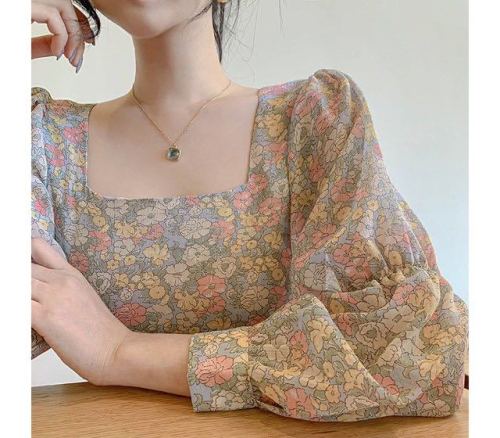 Korean style gentle girl feeling French style gentle and sweet foreign style broken flower square collar Lantern Sleeve