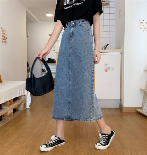 Real photo real price summer all kinds of elastic waist slit show thin medium long denim skirt