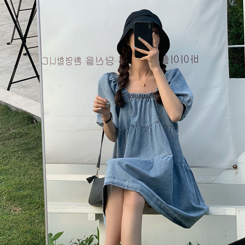 Real shot real price chic girl style retro square collar bubble sleeve denim dress