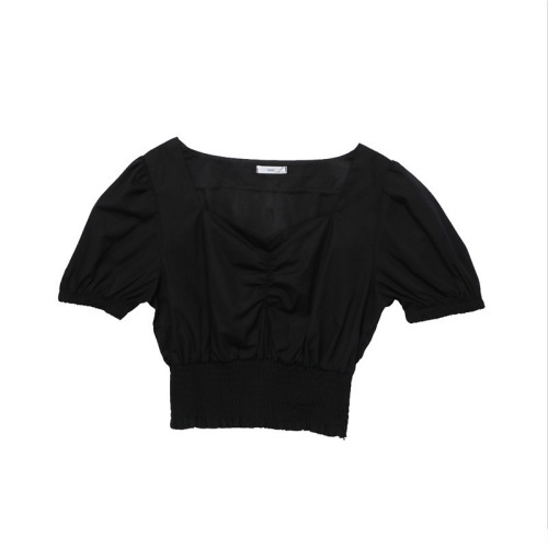 S-XXL pleated elastic waist short shirt women's Korean French small solid waist top bubble sleeve V-neck