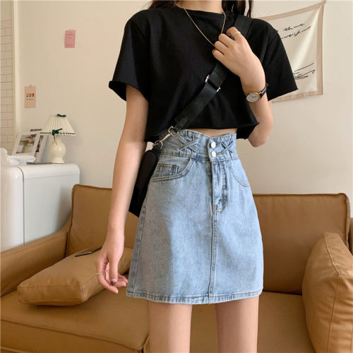 Summer Korean version ins design sense high waist denim short skirt for women showing thin A-line skirt for students