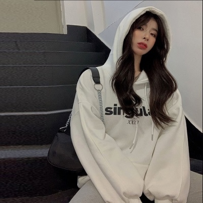 New hooded sweater women's Plush thickened autumn winter loose Korean lazy wind white top tide