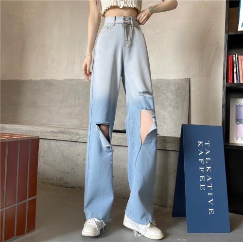 Real shot fashion 2021 spring and summer tapered straight jeans women's high waist loose beggars' perforated pants