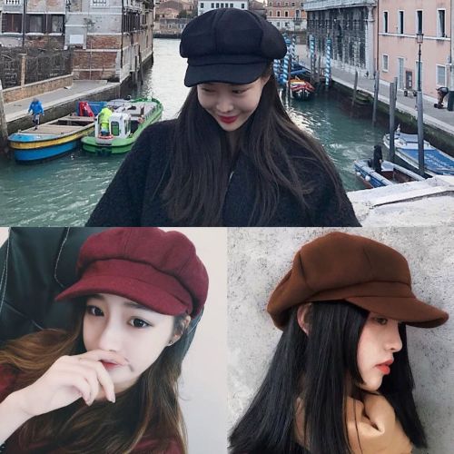 Autumn and winter British style PU leather Beret Korean Hong Kong Style versatile octagonal hat female leather retro painter bud hat