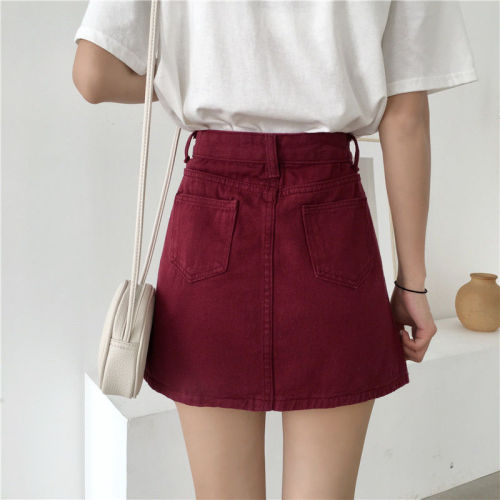 Chic wine red denim skirt female students Korean version of summer new high waist skirt shows thin, versatile A-line skirt