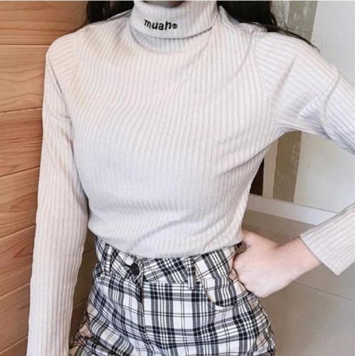 Super easy to match ~ embroidered letters with underlay T-shirt long sleeve tight autumn winter high neck Korean ins women
