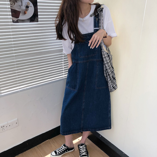 Real photo real price Korean School style retro denim belt skirt split long skirt