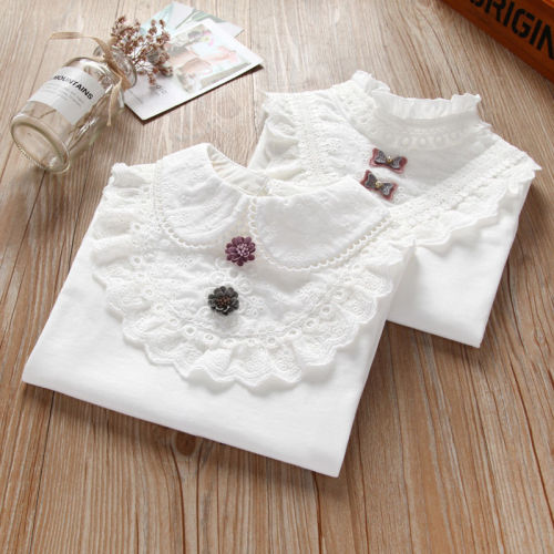 Girl's lace collar bottomed Shirt Plush thickened children's long sleeve T-shirt for children to keep warm in autumn and winter