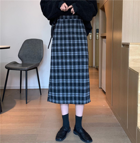 Real price woolen skirt women's autumn and winter mid length retro plaid skirt with split hips skirt