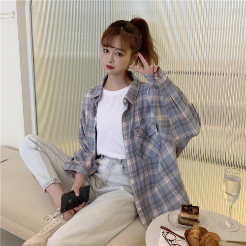Plaid sunscreen style New Retro Hong Kong Style loose BF wind net red plaid long sleeve shirt top fashion