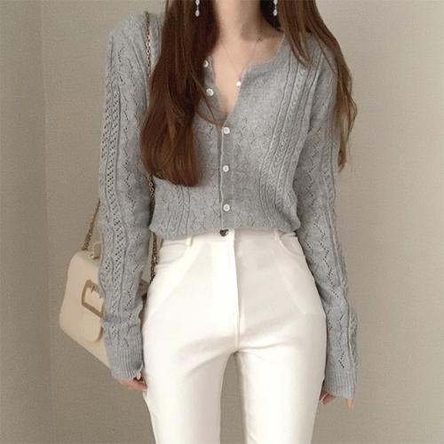 Early autumn new soft waxy hollow pattern long sleeve cardigan sweater