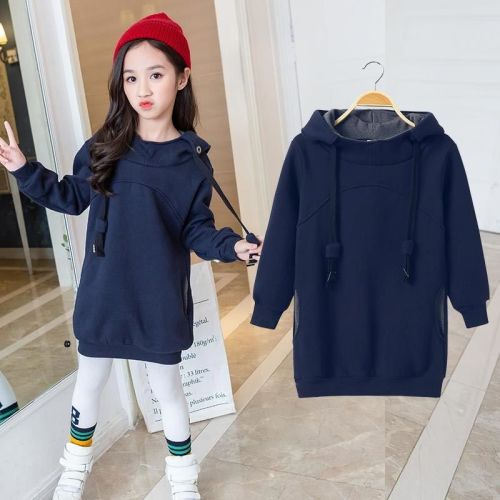 Girls' hooded Pullover Sweater mid long 2020 new online Red Korean fashion children's autumn and winter clothes