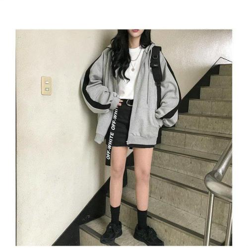 Spring and autumn 2020 new Harajuku style sweater women's hooded cardigan student sports long sleeve coat grey top