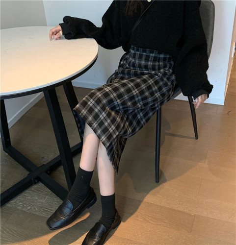 Real price woolen skirt women's autumn and winter mid length retro plaid skirt with split hips skirt