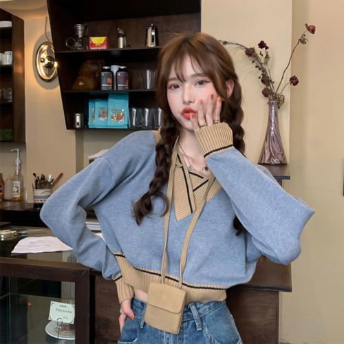 Real price real shooting contrast color short sweater women's loose 2021 New Vintage sweater top
