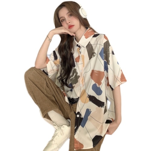 Real photo 2021 new summer shirt women's short sleeve line printing loose lady