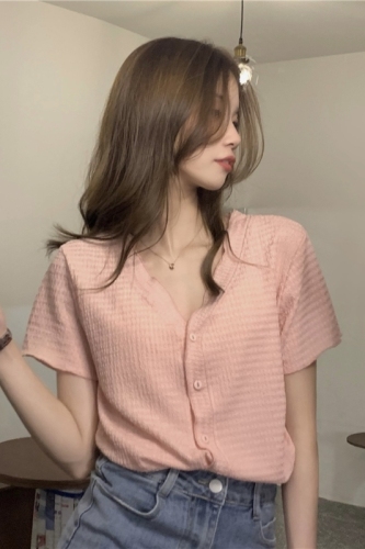 Real price! Summer design Ruffle V-neck slim short sleeve top women's Korean short shirt