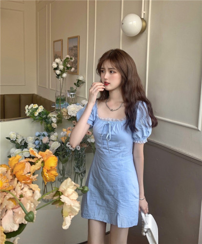 Real price show white lace lace lace waist dress bow side slit blue skirt