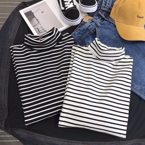 New striped high neck thin bottomed shirt for women lovers spring new Korean version with long sleeve T-shirt