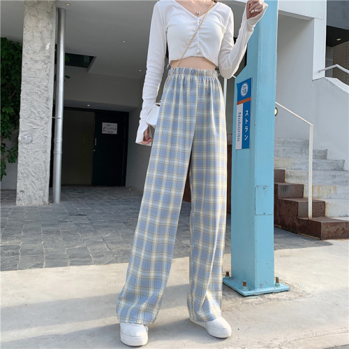 Real shot autumn size Plaid wide leg pants women's fat mm vertical feeling straight tube loose casual floor dragging pants