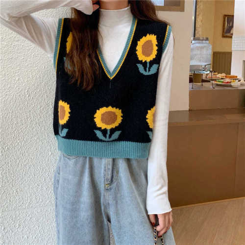 Retro contrast sunflower vest T-shirt women's new autumn 2020 Korean loose and thin outerwear top