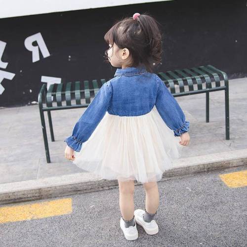 Girls' dress autumn 2019 long sleeve denim mesh skirt Korean casual girl dress princess dress foreign style