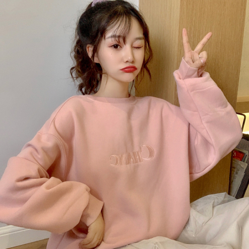 Real shot Plush sweater female round neck embroidery letter