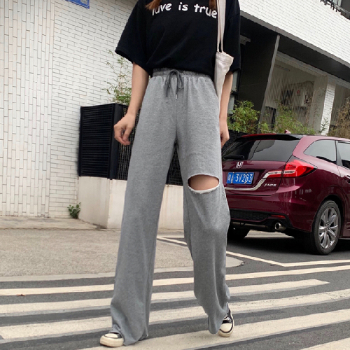 Summer new high waist holed leisure sports pants women's Korean loose versatile wide leg pants