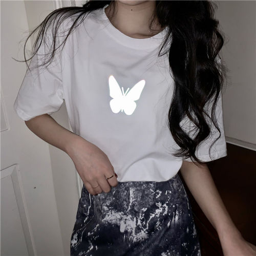 Summer 2020 new Korean version of reflective butterfly print short sleeve T-shirt women's ins super fire base Shirt Short top fashion