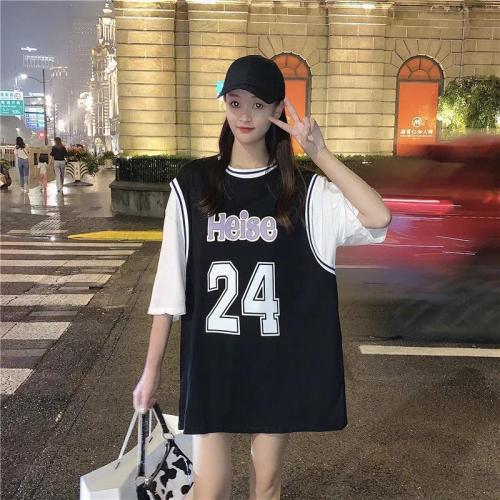 Student sportswear loose medium long fake two piece short sleeve t-shirt female summer Korean 2021 NEW