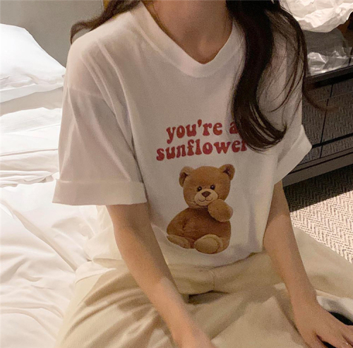 Base coat playful little bear letter print round neck cotton short sleeve T-shirt women's fashion