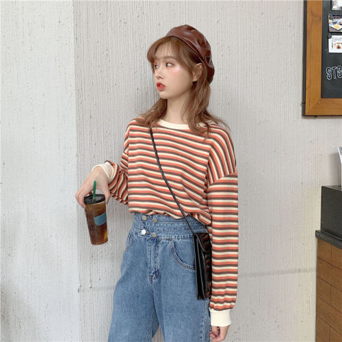 Ins autumn Korean 2020 new loose and elegant stripe long sleeve T-shirt women's College thin student top
