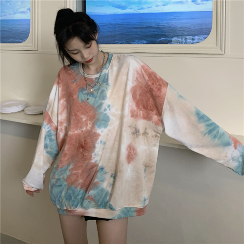Official picture of Korean autumn mid long loose casual and versatile student long sleeve tie dye T-shirt for women