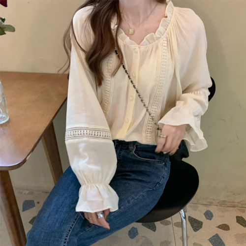 Real price real shot 2020 New Retro hollowed out Chiffon lotus leaf long sleeve shirt with wooden ear edge shirt for women