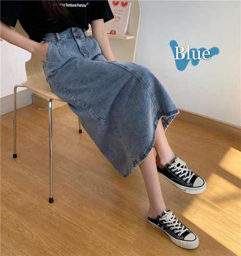 Real photo real price summer all kinds of elastic waist slit show thin medium long denim skirt