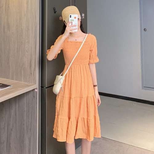 Real photo real price ~ summer new Korean square collar short sleeve medium length dress