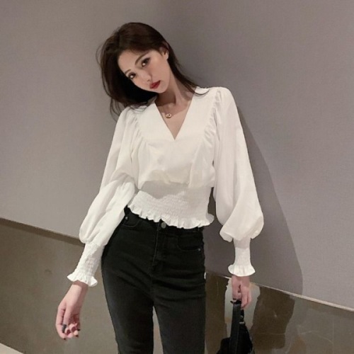  new autumn and winter foreign style V-neck design, waist closing long sleeve shirt, European and American style white navel exposed blouse, female