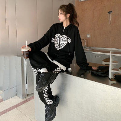 Hooded sweater women's autumn Korean 2021 new love letter long sleeve pants women's two-piece suit
